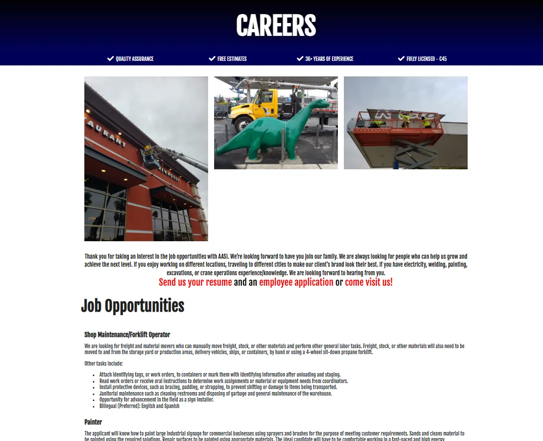 Página Careers de la web anterior de AA Sign Image: fondo azul oscuro, tipografía condensada, tres fotos y bloques largos de texto con enlaces en rojo