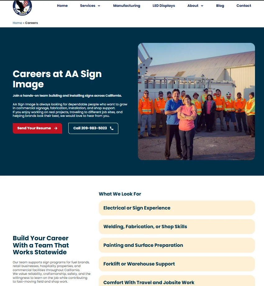 Página Careers de la web nueva de AA Sign Image: título claro, foto del equipo de la empresa, botones “Send Your Resume” y “Call”, y lista de lo que se busca en tarjetas