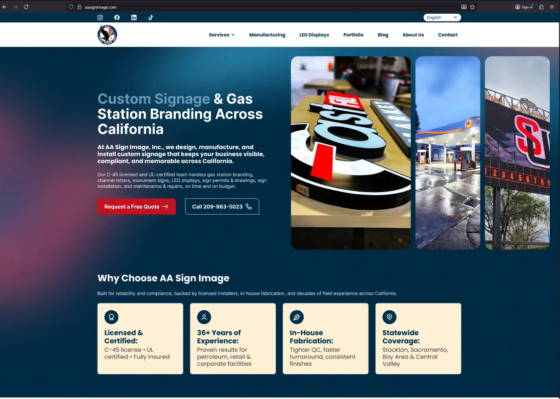 Portada actual de aasignimage.com: titular “Custom Signage & Gas Station Branding Across California”, botones “Request a Free Quote” y “Call”, fotos de rótulos y cuatro tarjetas con las razones para elegirlos