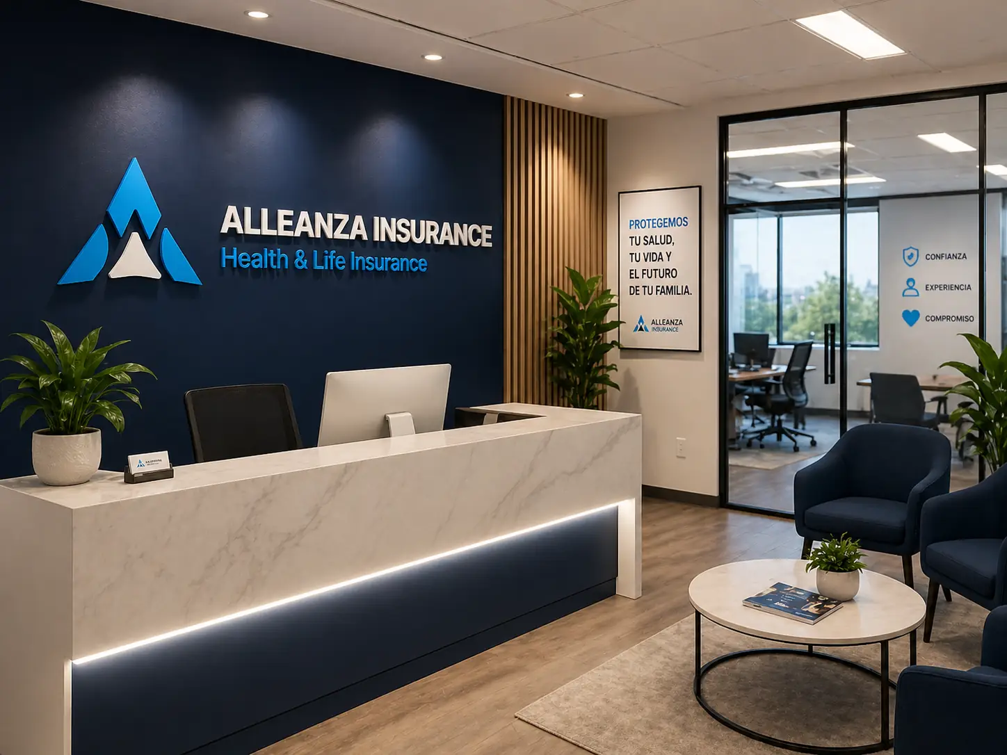 Mockup de oficina del proceso de branding para Alleanza Insurance