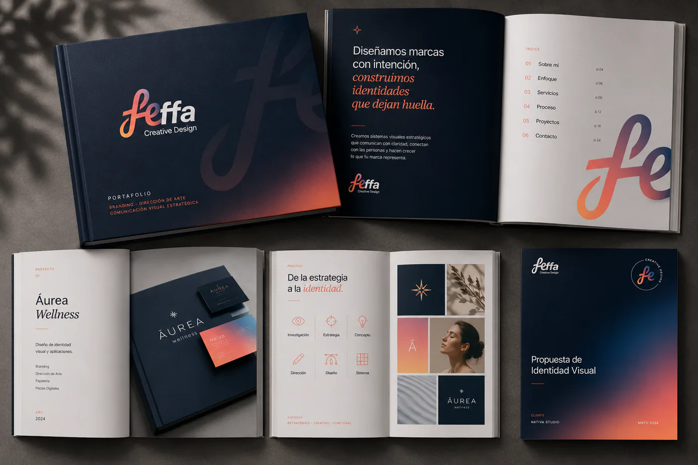Aplicación de Feffa Creative Design en portafolio y piezas editoriales